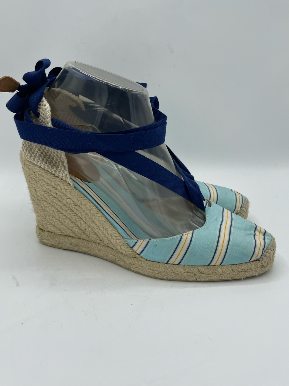 J. Crew Eloise Light Blue Striped Espadrille Wedge Sandals with Navy Ankle Ties.